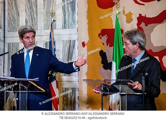 The Secretary of State John Kerry and Paolo Gentiloni Ministry of Foreign Affairs during the joint press conference at the end of the ministerial meeting of the...