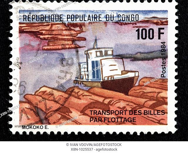 Transportation of wood by ship, postage stamp, Democratic republic of Congo, 1984
