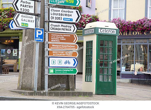 Traditional Telefon - Telephone Cabin and Street Direction Signs, Westport; Ireland