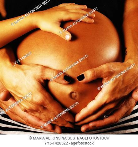 Pregnant belly, hands, hug the belly, family union