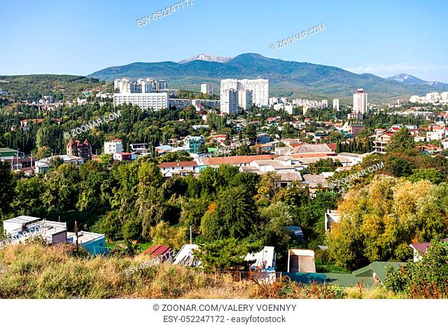travel to Crimea - above view of Alushta city from Castle Hill in sunny morning