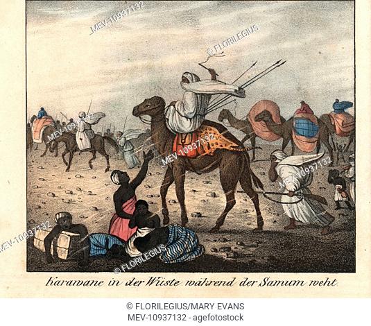 Arab caravan sheltering from the Simoom (Samum) wind. . Handcolored lithograph from Friedrich Wilhelm Goedsche's Complete Gallery of Peoples in True Pictures