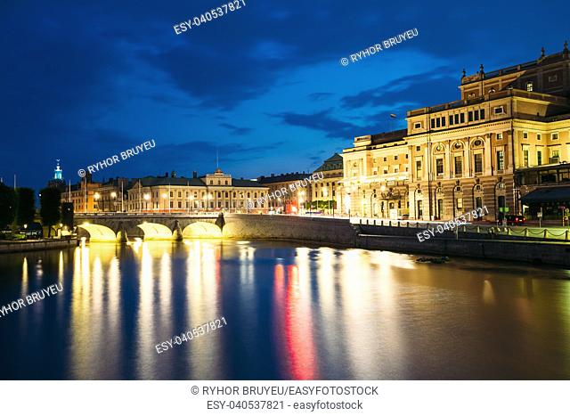 Night View Of Illuminated Stockholm Royal Opera in Evening, Sweden