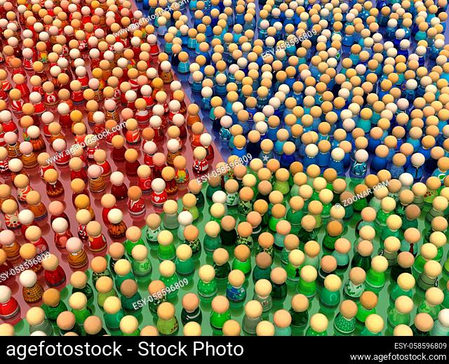Crowd of small symbolic figures, red, green and blue color, 3d illustration, horizontal