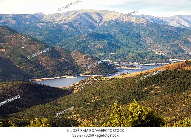 Sierra de Gredos and Burguillo reservoir from Merina hill in Cebreros. Avila. Castilla Leon. Spain. Europe