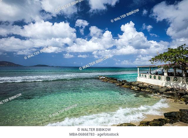 British Virgin Islands, Tortola, Apple Bay, waterfront and Sugar Mill Hotel Restaurant
