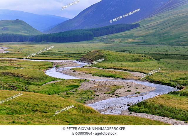 Typical landscape on the Clunie Water, Braemar, Aberdeenshire, Grampian, Scotland, United Kingdom