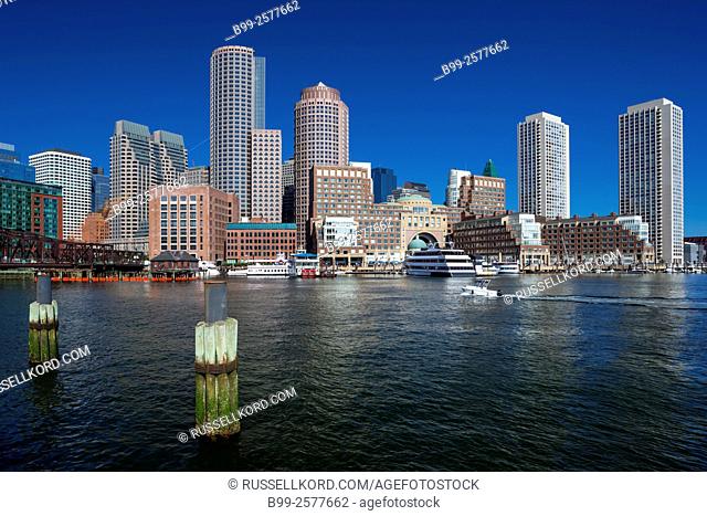 Fan Pier Harborwalk Rowes Wharf Downtown Skyline Inner Harbor South Boston Massachusetts Usa
