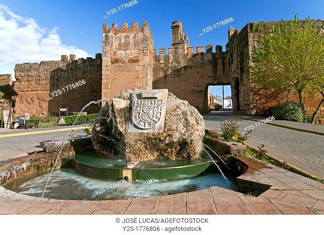 Walls fountain and Door of the Socorro, Niebla, Huelva-province, Spain