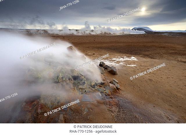 Steam vent at Namaskard geothermal area Namafjall-Hverarond, Mount Burfell, 935m, behind, near Lake Myvatn and Reykjahlid, North Iceland, Iceland, Polar Regions