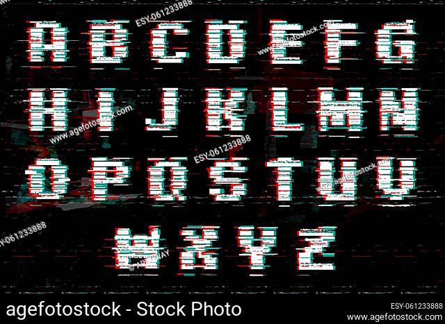 Alphabet with glitch and noise effect. Perfect style for digital illustrations. Vector abstract technology font