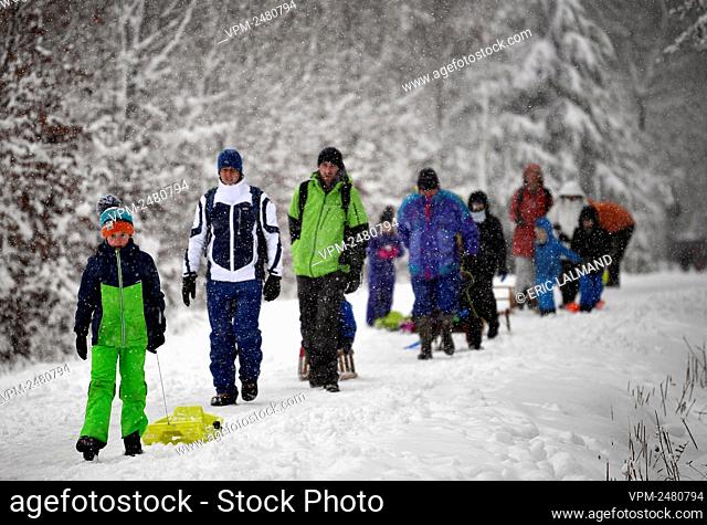 Illustration picture shows people walking in the snow at the ski station 'Thiers des Rexhons' in Spa, Thursday 27 February 2020