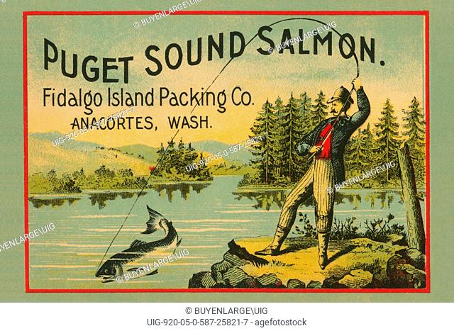 A design from a Victorian era can label for Salmon from the Fidalgo Island packing company from Anacortes, Washington featuring a man fly fishing