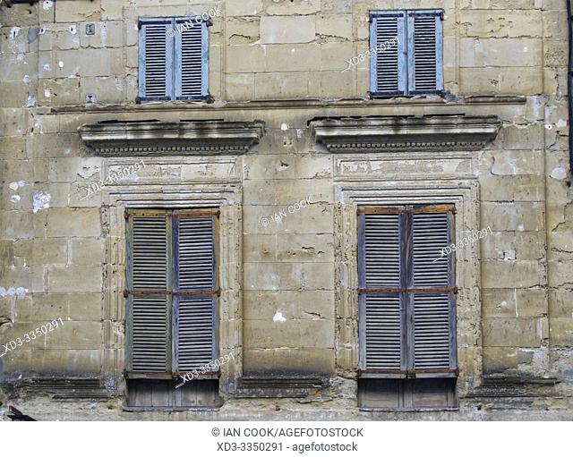 shuttered windows, Lauzun, Lot-et-Garonne Department, Nouvelle Aquitaine, France