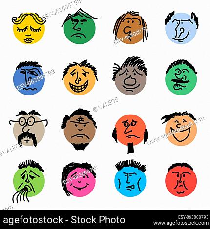 Colored doodle Heads. Round comic faces with various emotions. Crayon drawing style. Different colorful characters. Cartoon style people