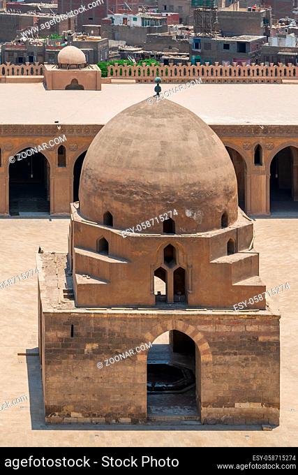 Aerial view of ablution fountain at the courtyard of Ibn Tulun public historical mosque, Old Cairo, Egypt