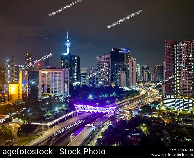 Bukit Bintang, Kuala Lumpur, Malaysia - Dec 04 2022: Aerial view Pintasan Saloma with beautiful led light