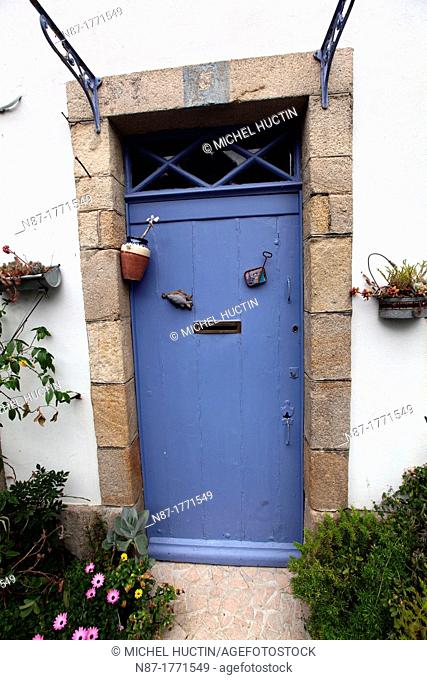 Decorated door at Rue Herve Julien Street on the Sardine Route, Douarnenez, Bretagne, France