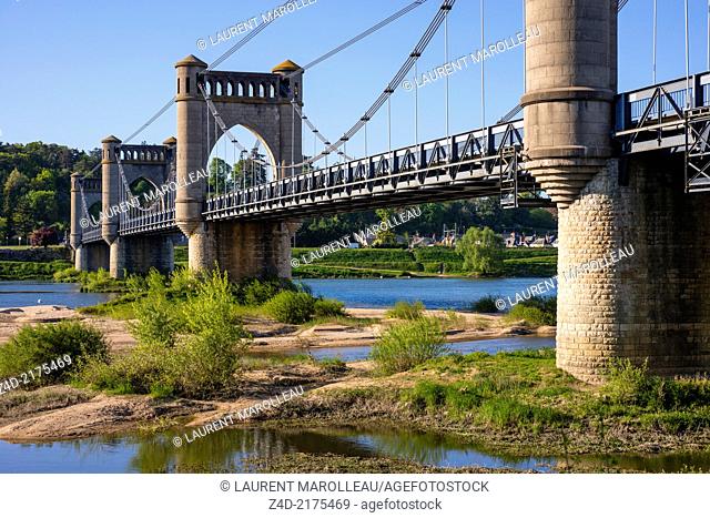 Suspension bridge across the Loire River. Langeais, Indre-et-Loire, Centre region, Loire valley, France, Europe