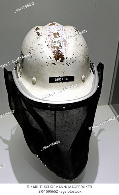 Used steel worker's helmet with face protection, new Ruhr Museum, UNESCO World Heritage Site Zeche Zollverein, Essen, Ruhrgebiet region, North Rhine-Westphalia