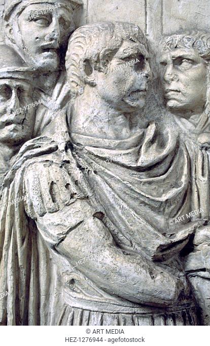 Emperor Trajan, Trajan's Column, Rome. Trajan's Column was raised by Apollodorus of Damascus by order of the Senate. It is located in Trajan's Forum