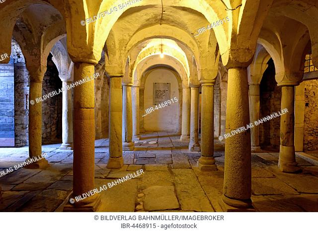 Columns in crypt, Romanesque church of Santa Maria del Tiglio, Gravedona, Lombardy, Italy
