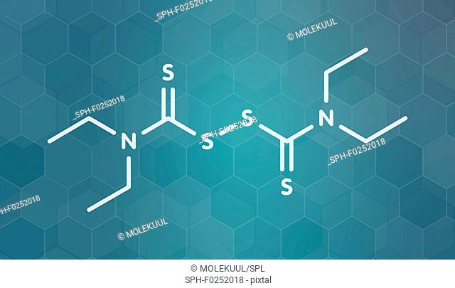 Disulfiram alcoholism treatment drug molecule. White skeletal formula on dark teal gradient background with hexagonal pattern