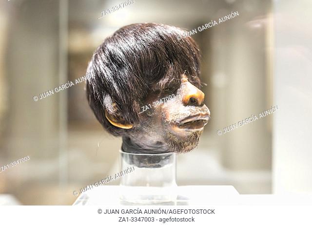 Jivaro people shrinking head at Museum of the Americas, Madrid, Spain