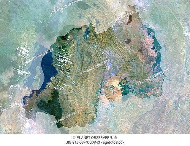 Rwanda, Africa, True Colour Satellite Image With Mask. Satellite view of Rwanda with mask. This image was compiled from data acquired by LANDSAT 5 & 7...