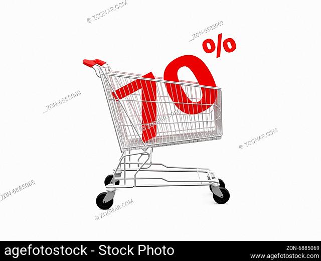 Shopping cart and red seventy percentage discount, isolated on white background