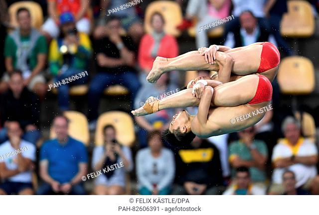 Aisen Chen and Yue Lin of China in action during the Men's Synchronised 10m Platform Final Swimming event of the Rio 2016 Olympic Games at the Olympic Aquatics...