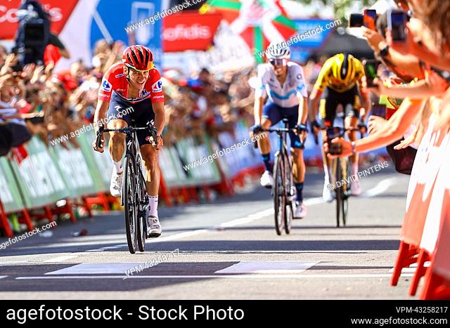 Belgian Remco Evenepoel of Quick-Step Alpha Vinyl celebrate after winning stage 18 of the 2022 edition of the 'Vuelta a Espana', Tour of Spain cycling race