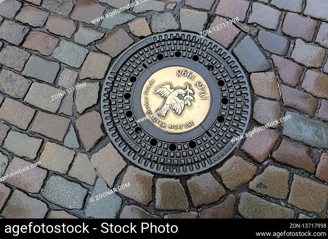 Manhole cover with a dove of peace, Prinzipalmarkt, Muenster, Muensterland, North Rhine-Westphalia, Germany, Europe
