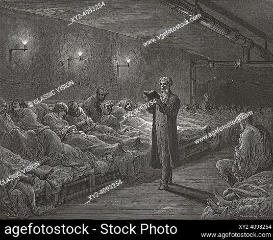 Reading scripture to the homeless crowded into a night refuge in 19th century London. After an illustration by Gustave Doré in the 1890 American edition of...