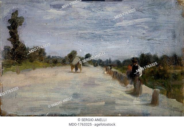 On the Road to Montanaro (Sulla strada di Montanaro), by Demetrio Casola, 1885 - 1895, 19th Century, oil on board. Private collection