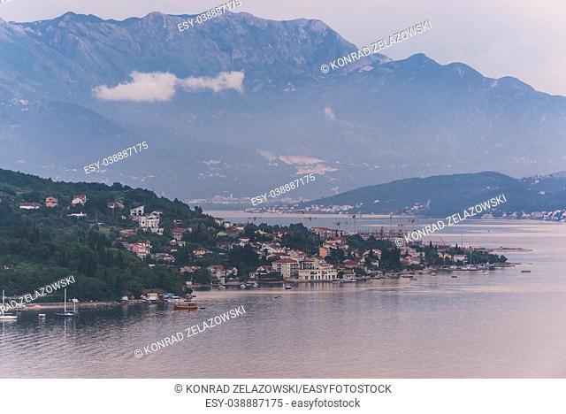 View from hills of Herceg Novi city on the Adriatic Sea coast in Montenegro