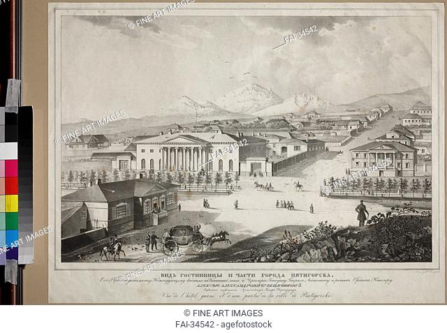 View of the hotel and the center of Pyatigorsk by Beggrov, Karl Petrovich (1799-1875)/Lithograph/Academic art/Mid of the 19th cen