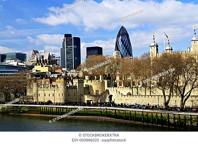 Tower of London skyline view from Thames river