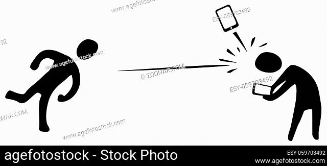 Phone angry throw hit figure stencil black, vector illustration, horizontal, over white, isolated