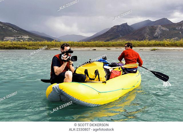Rafters filming trip on Noatak River in the Brooks Range, Gates of the Arctic National Park, Northwestern Alaska, above the Arctic Circle, Arctic Alaska, summer