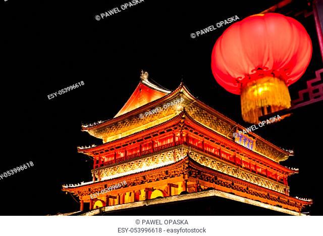 Xian Bell Drum Tower beautifully lit and illuminated at night, Shaaxi Province
