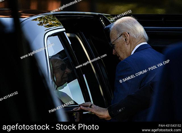 United States President Joe Biden gets into the Beast after landing in Marine One at Fort Leslie McNair on October 23, 2023 in Washington, D.C