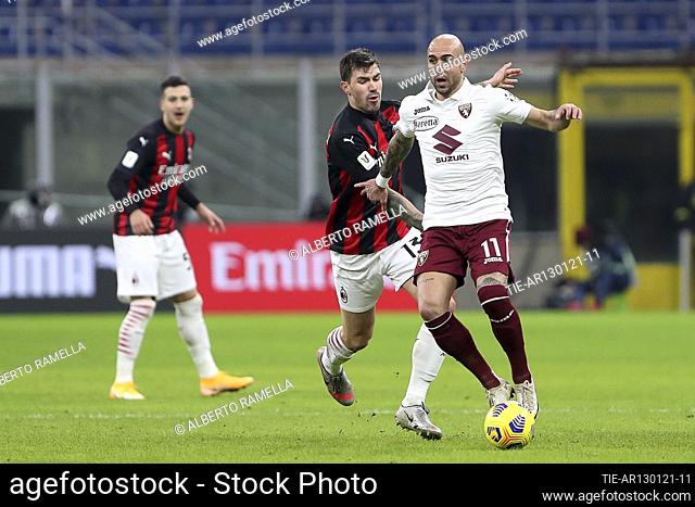 Simone Zaza (Torino) Alessio Romagnoli (Milan) during the Italian Cup round of sixteen soccer match Milan, ITALY-12-01-2021