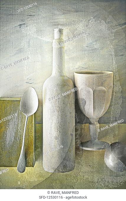 Food art: an arrangement of spoons, a wine bottle and a goblet (inspired by Giorgio Morandi)