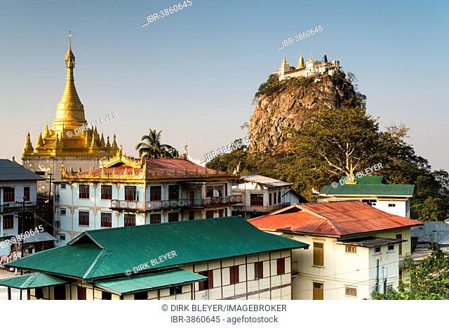 Buddhist monastery, gilded Tuyin Taung Pagoda on the Taung Kalat volcanic cone, Mount Popa, Mandalay Region, Myanmar