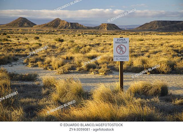 Military zone sign. No trespassing. Bardenas Reales Natural Park. Biosphere Reserve. Navarre. Spain