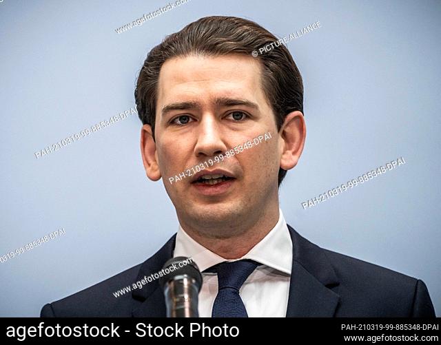 19 March 2021, Berlin: Sebastian Kurz, Federal Chancellor of Austria, speaks at the NRW State Representation in the capital