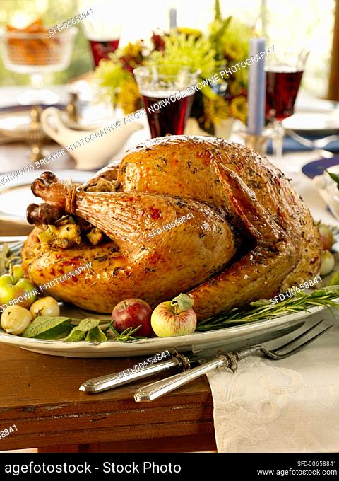 Roast stuffed turkey on laid table (USA)