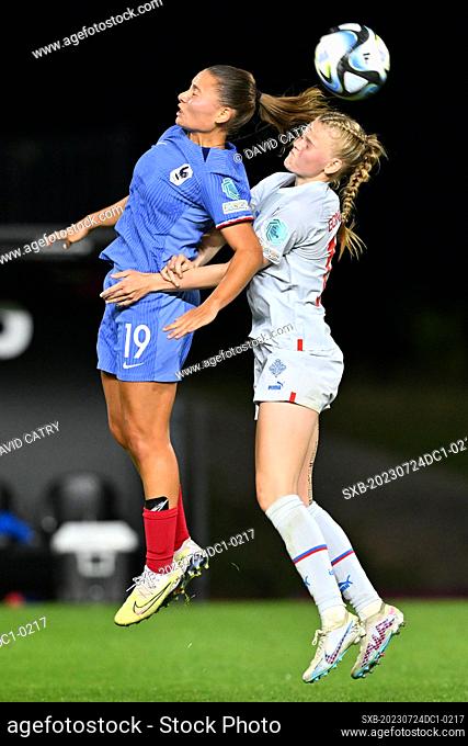Dona Scannapieco (19) of France pictured fighting for the ball with Irena Hedinsdottir Gonzalez (18) of Iceland during a female soccer game between the national...