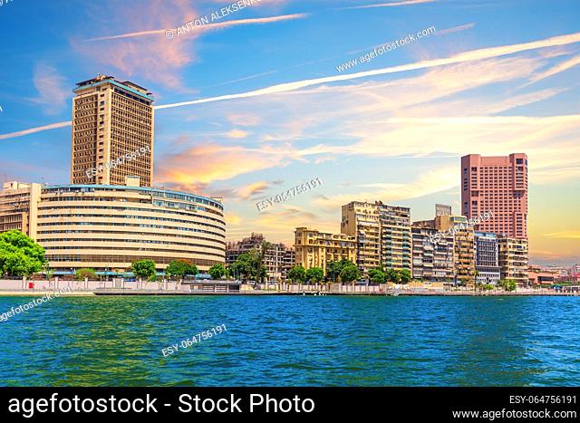 Colorful view of luxury center of Cairo and the Nile river, Egypt